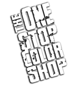 The One Stop Color Shop logo on gray and white checkerboard background